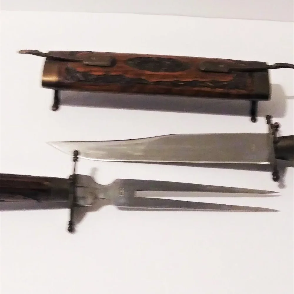 Vintage Wooden‎ Hand Carved Knife Fork Carving Set